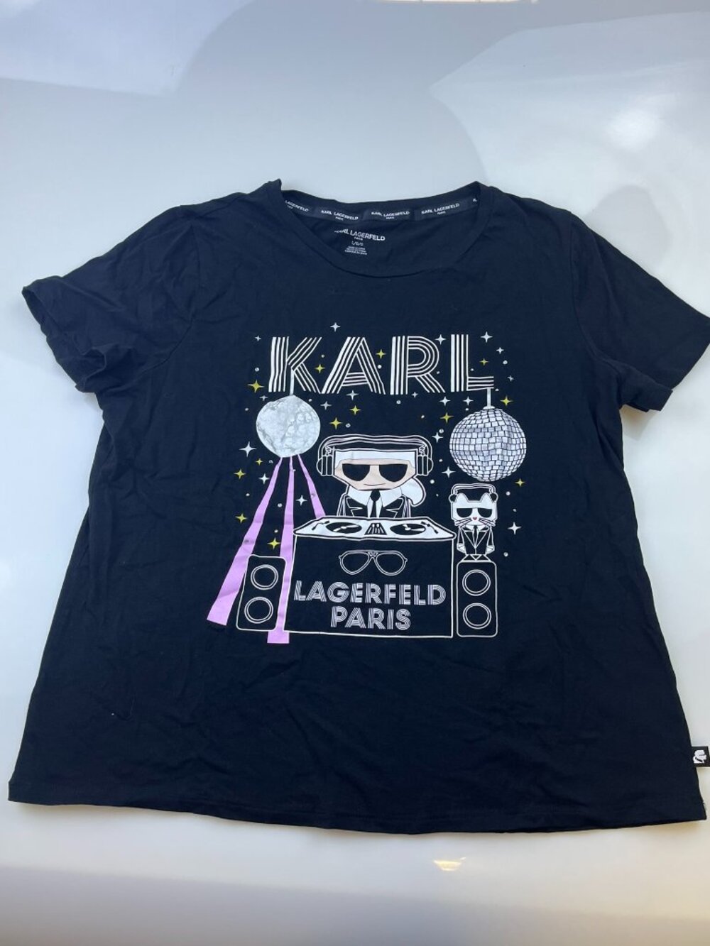 Karl Lagerfeld Paris Navy Blue "Disco Karl" Rhinestone Logo Graphic Tee N255-65